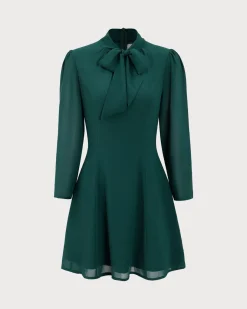Green Tie Neck See-Through Mini Dress