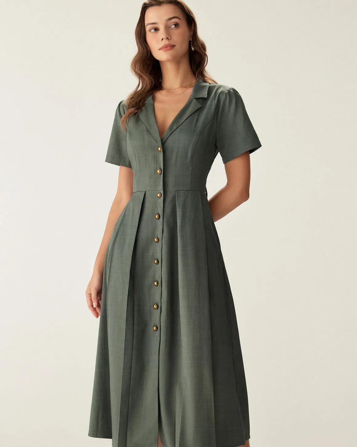 Green V Neck Pleated Button Midi Dress
