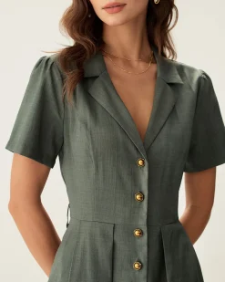 Green V Neck Pleated Button Midi Dress