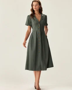 Green V Neck Pleated Button Midi Dress