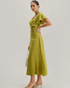 Green V Neck Ruffle Sleeve Midi Dress