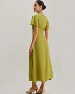 Green V Neck Ruffle Sleeve Midi Dress