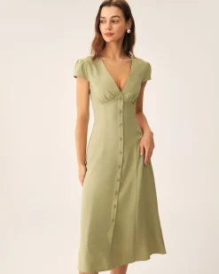 Green V-Neck Button Midi Dress