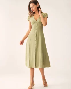 Green V-Neck Button Midi Dress