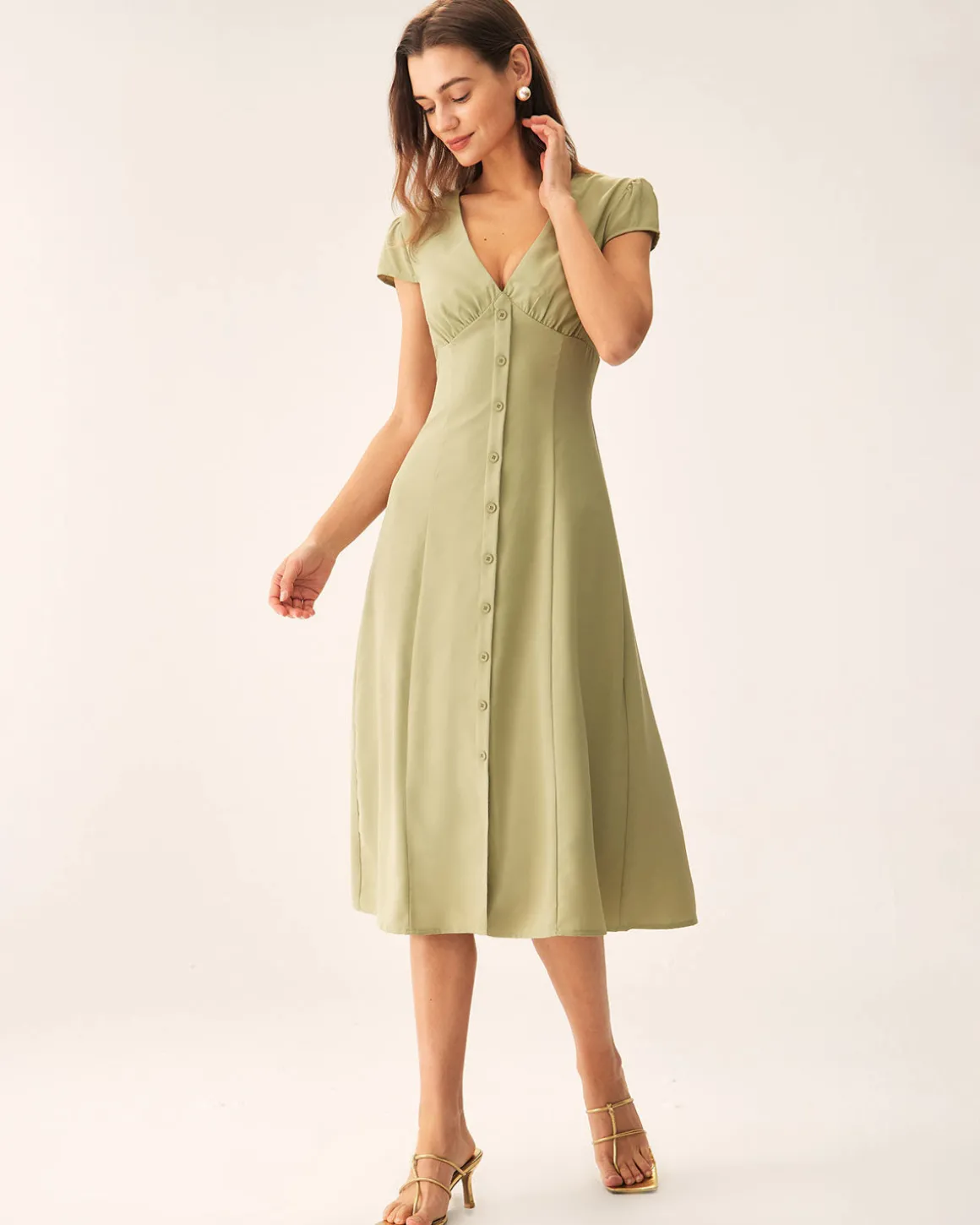 Green V-Neck Button Midi Dress