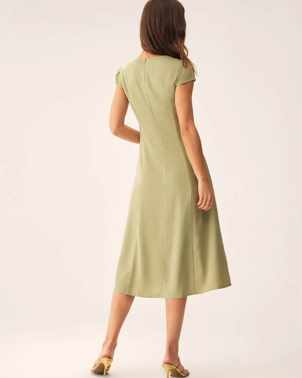 Green V-Neck Button Midi Dress