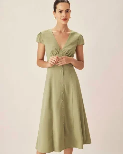 Green V-Neck Button Midi Dress