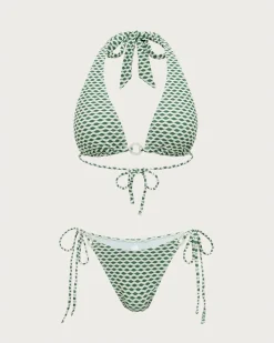 Green Wave Print Hoop Bikini Set