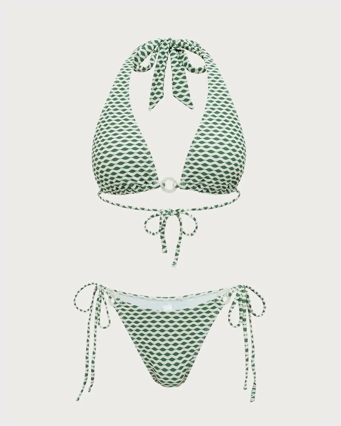 Green Wave Print Hoop Bikini Set