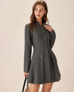 Grey Button Pleated Mini Dress