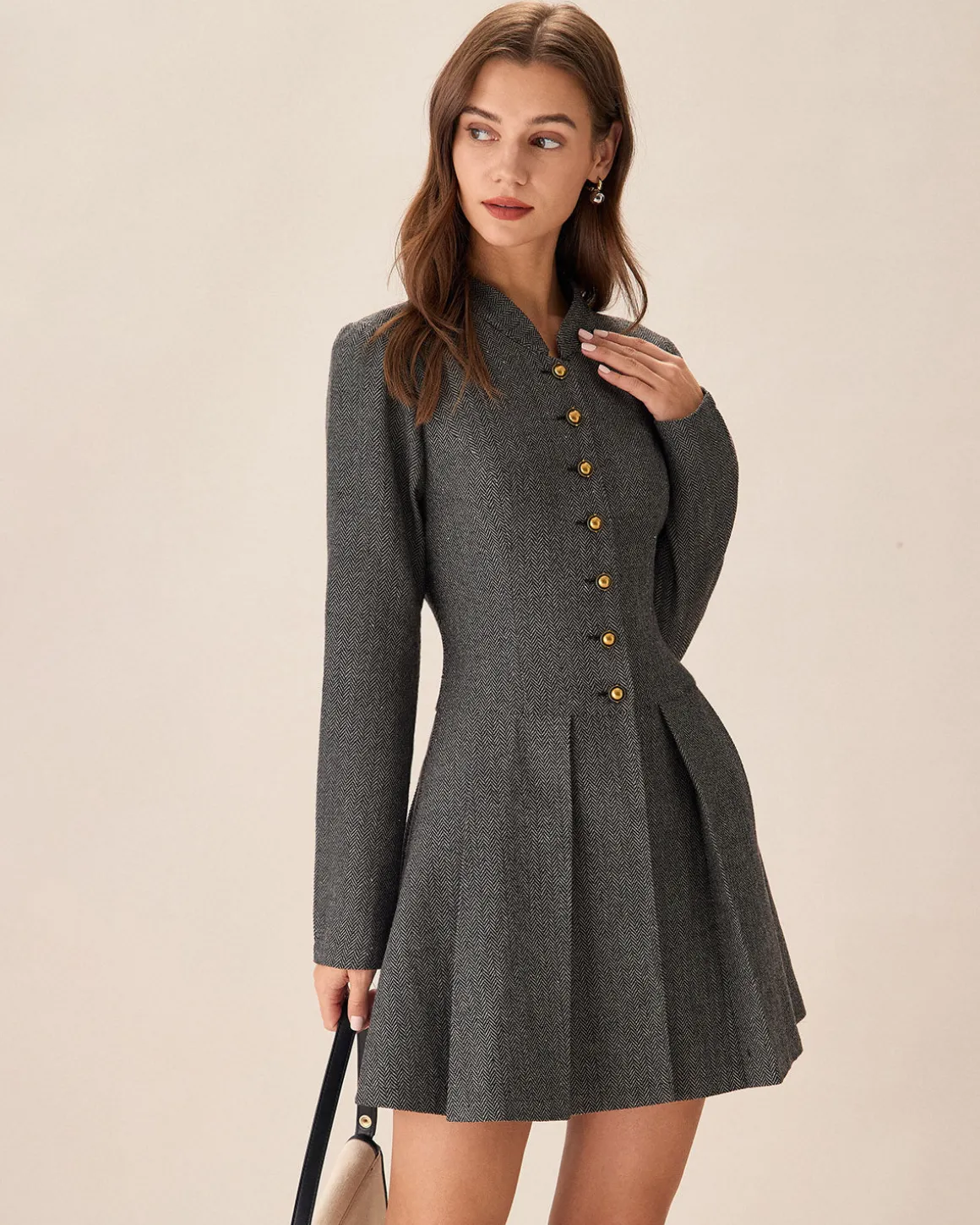 Grey Button Pleated Mini Dress