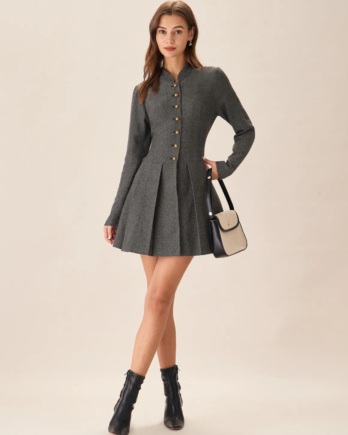 Grey Button Pleated Mini Dress