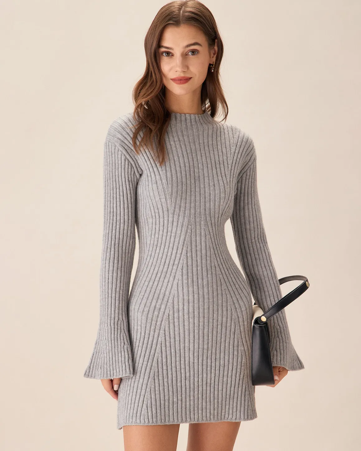 Grey Crew Neck Bell Sleeve Sweater Dress