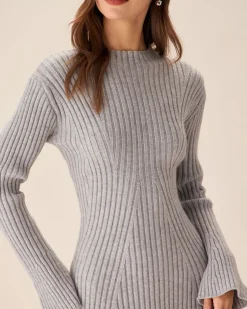 Grey Crew Neck Bell Sleeve Sweater Dress