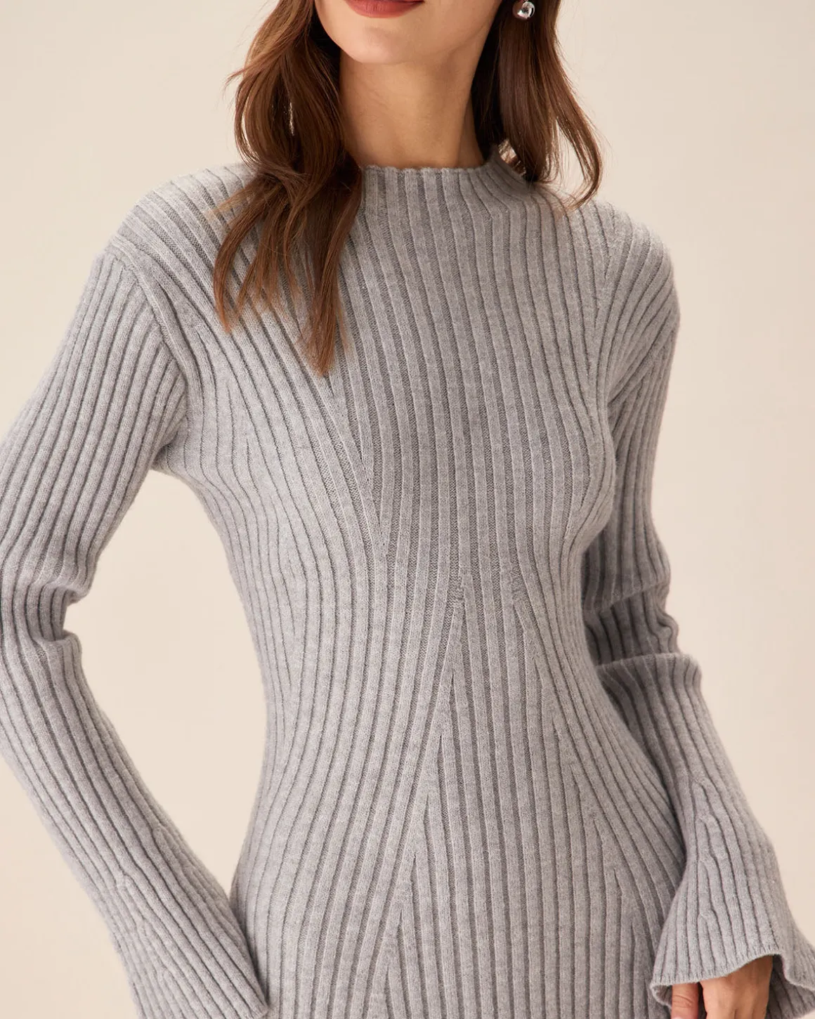 Grey Crew Neck Bell Sleeve Sweater Dress