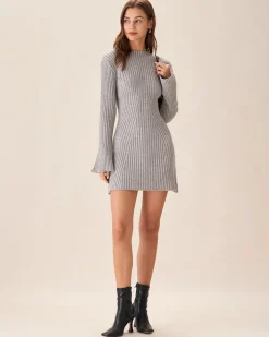 Grey Crew Neck Bell Sleeve Sweater Dress