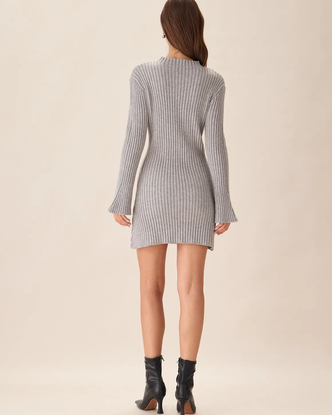 Grey Crew Neck Bell Sleeve Sweater Dress