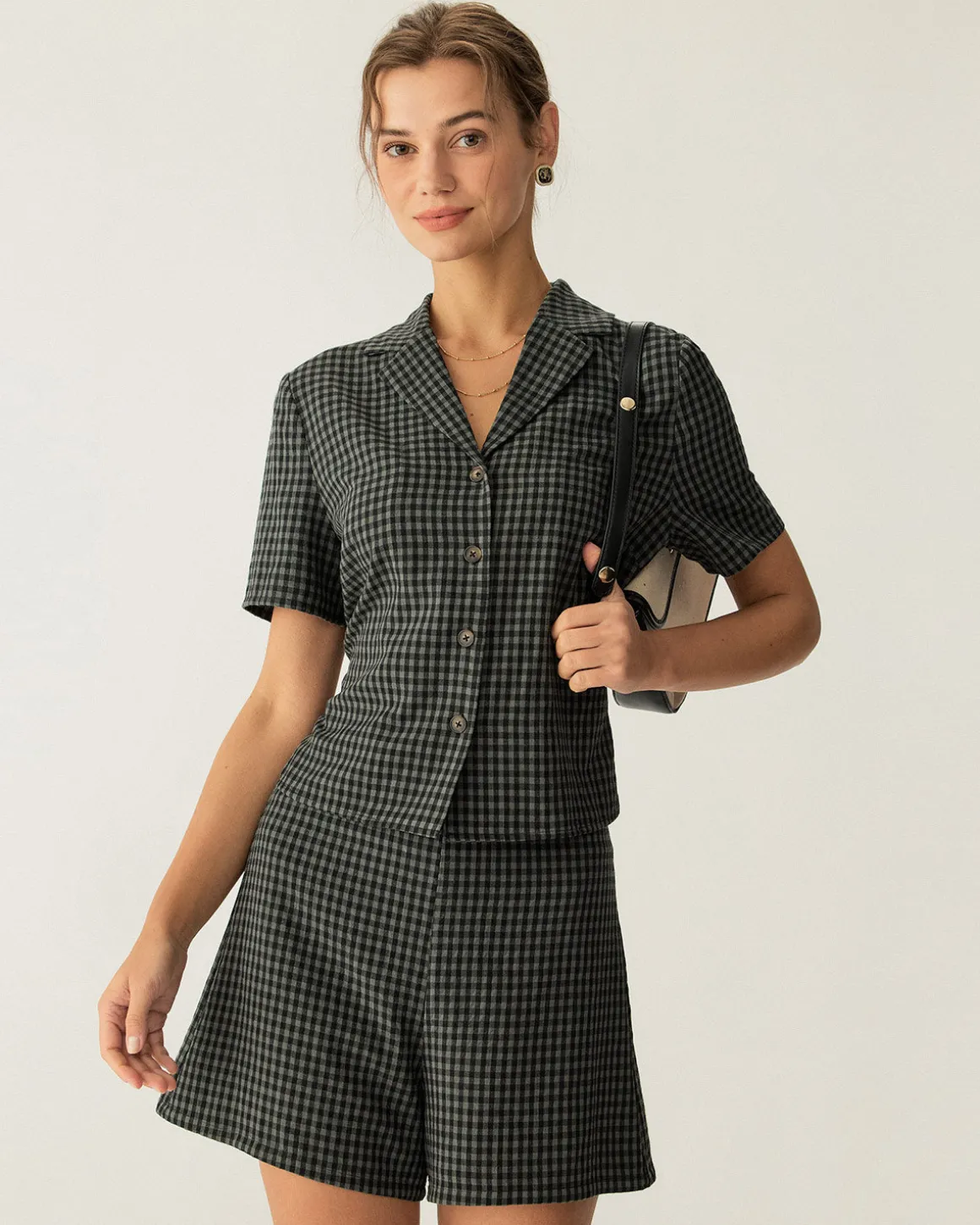 Grey Lapel Plaid Short Sleeve Blouse