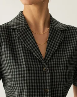 Grey Lapel Plaid Short Sleeve Blouse