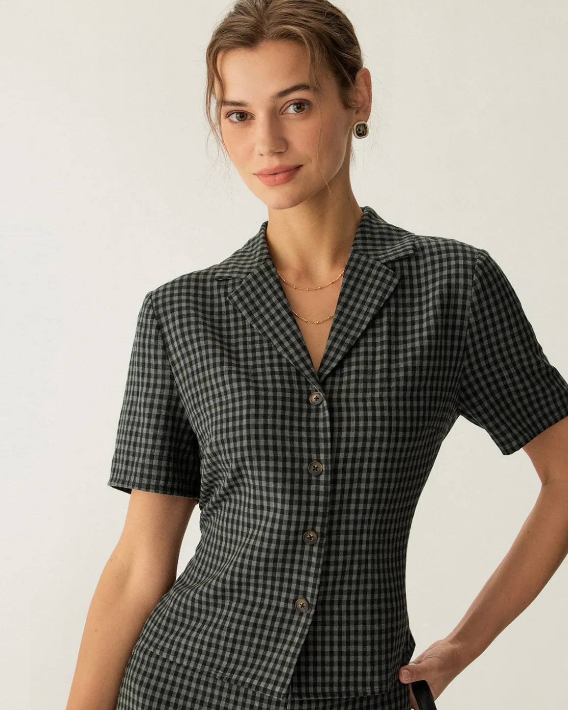 Grey Lapel Plaid Short Sleeve Blouse