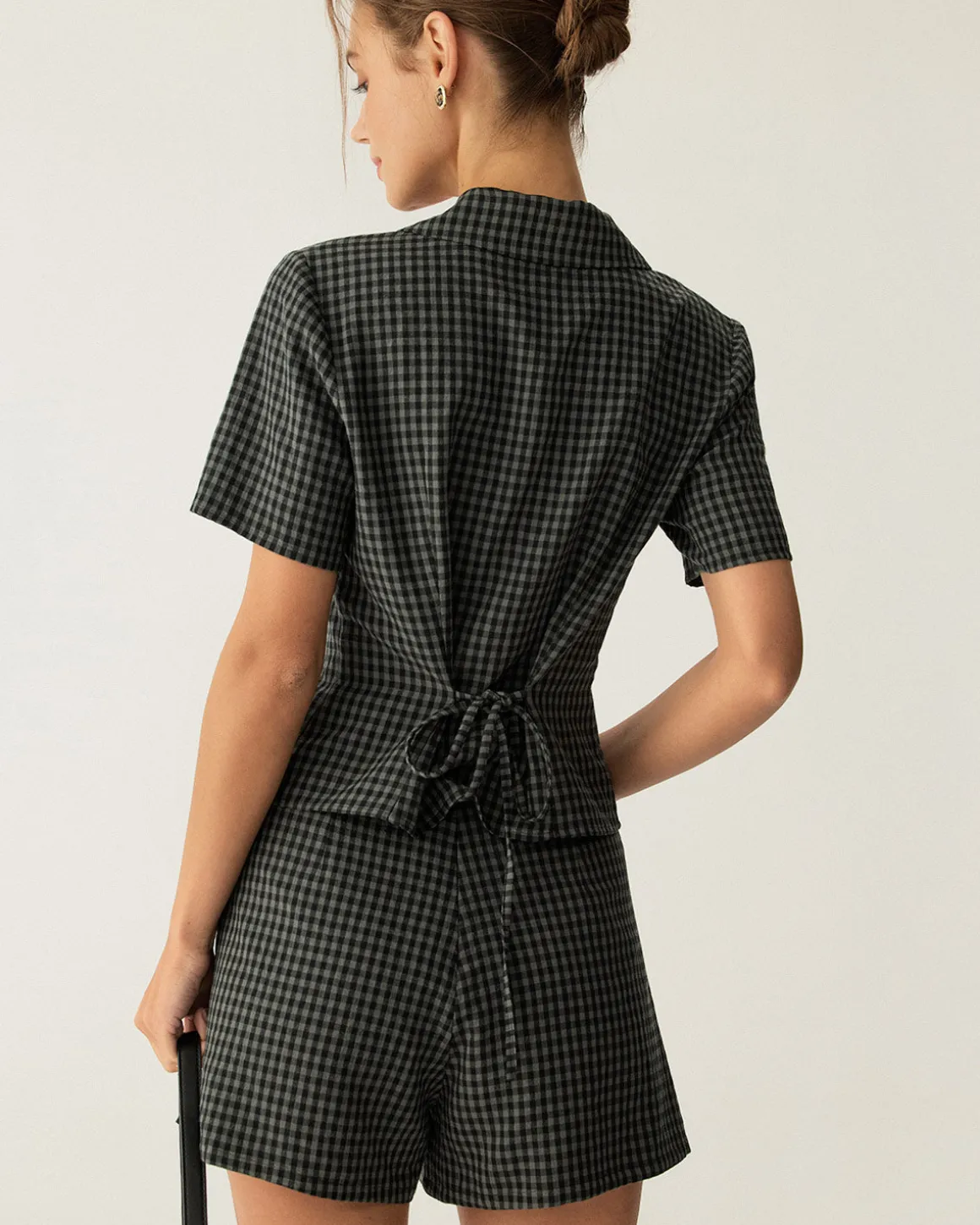 Grey Lapel Plaid Short Sleeve Blouse