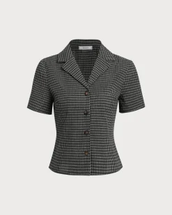 Grey Lapel Plaid Short Sleeve Blouse