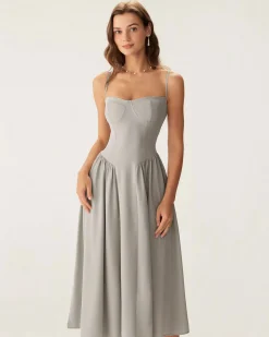 Grey Square Neck Pocket Slip Midi Dress