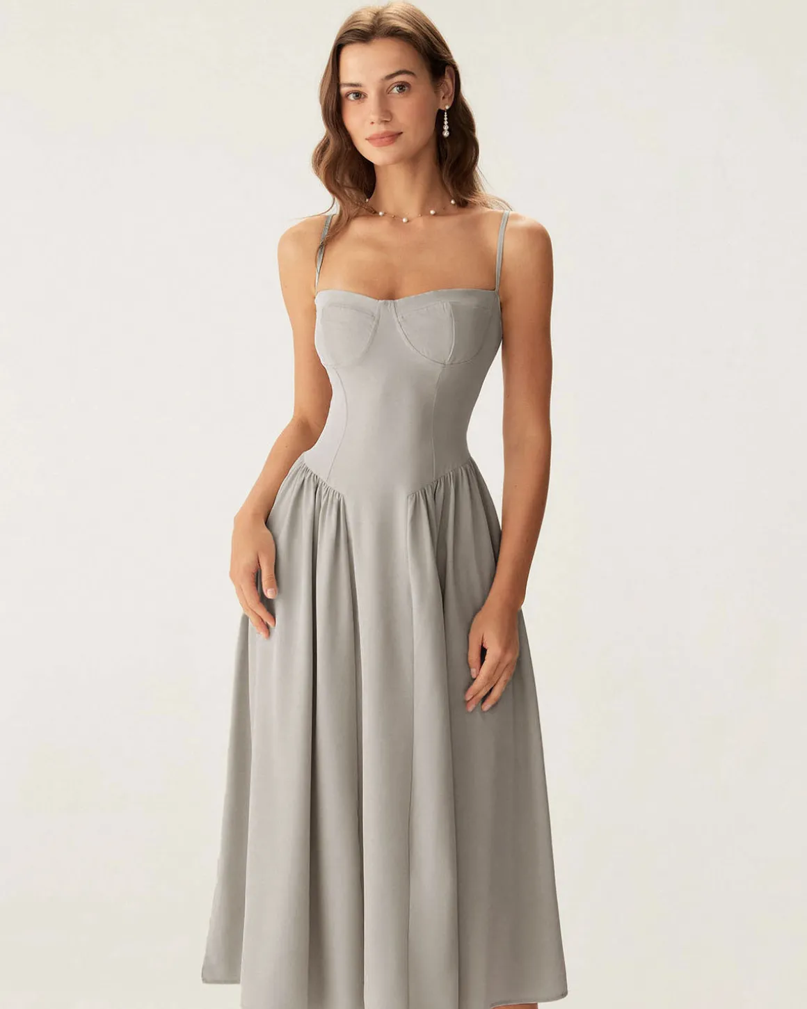 Grey Square Neck Pocket Slip Midi Dress
