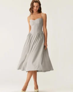 Grey Square Neck Pocket Slip Midi Dress