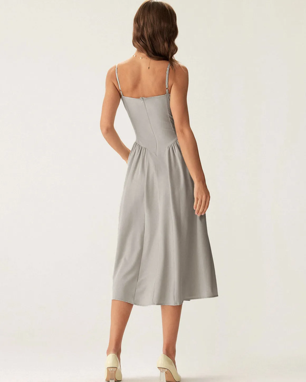 Grey Square Neck Pocket Slip Midi Dress