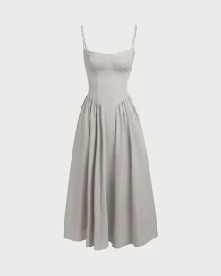 Grey Square Neck Pocket Slip Midi Dress