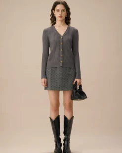 Grey V-Neck Single-breasted Cardigan
