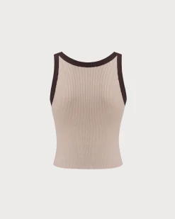 Khaki Contrast Knit Tank Top