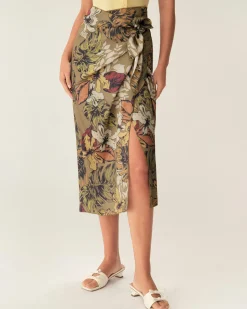 Khaki Floral High Waisted Wrap Midi Skirt