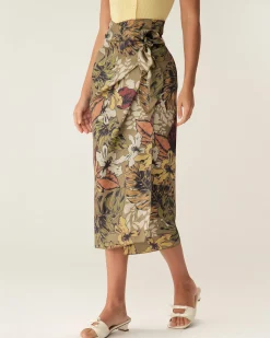Khaki Floral High Waisted Wrap Midi Skirt