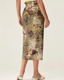 Khaki Floral High Waisted Wrap Midi Skirt