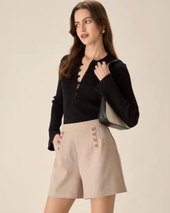 Khaki High-waisted Pocket Shorts