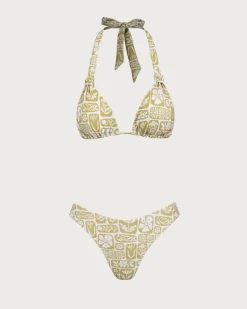 Khaki Knit Geometric Print Bikini Set