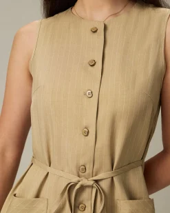 Khaki Round Neck Button Mini Dress