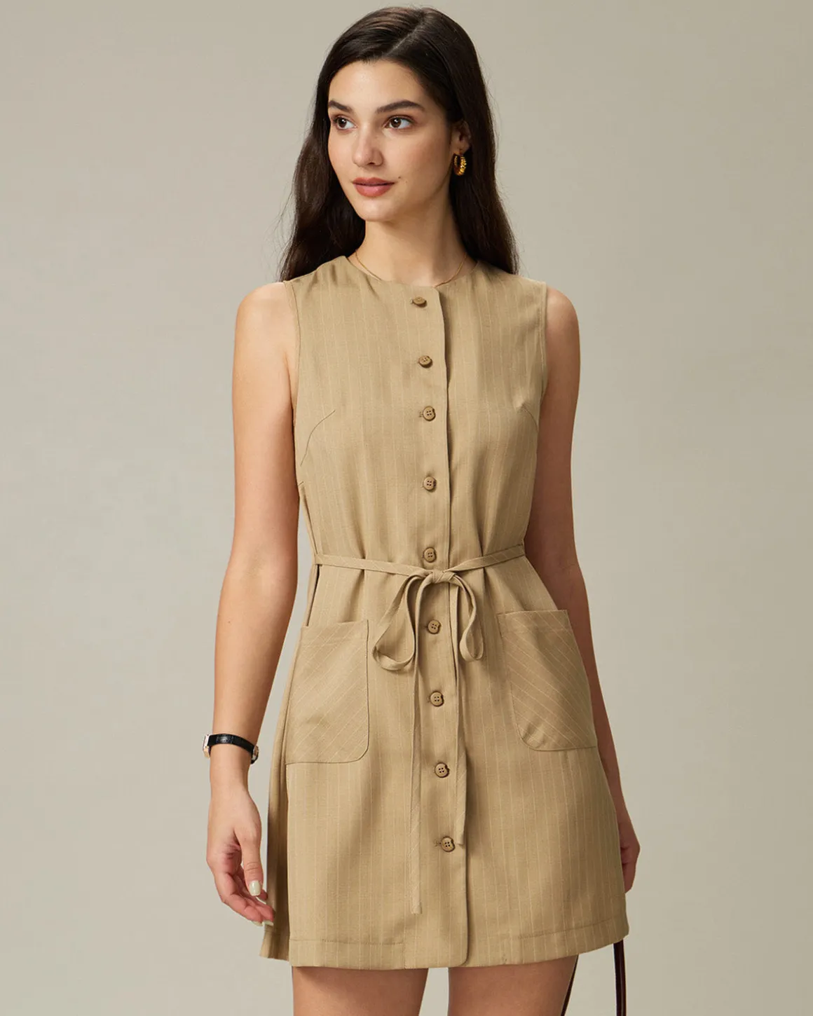 Khaki Round Neck Button Mini Dress