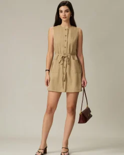 Khaki Round Neck Button Mini Dress