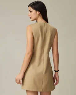 Khaki Round Neck Button Mini Dress