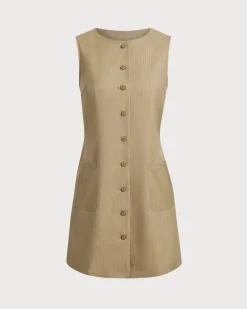 Khaki Round Neck Button Mini Dress