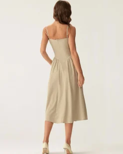 Khaki Square Neck Pocket Slip Midi Dress