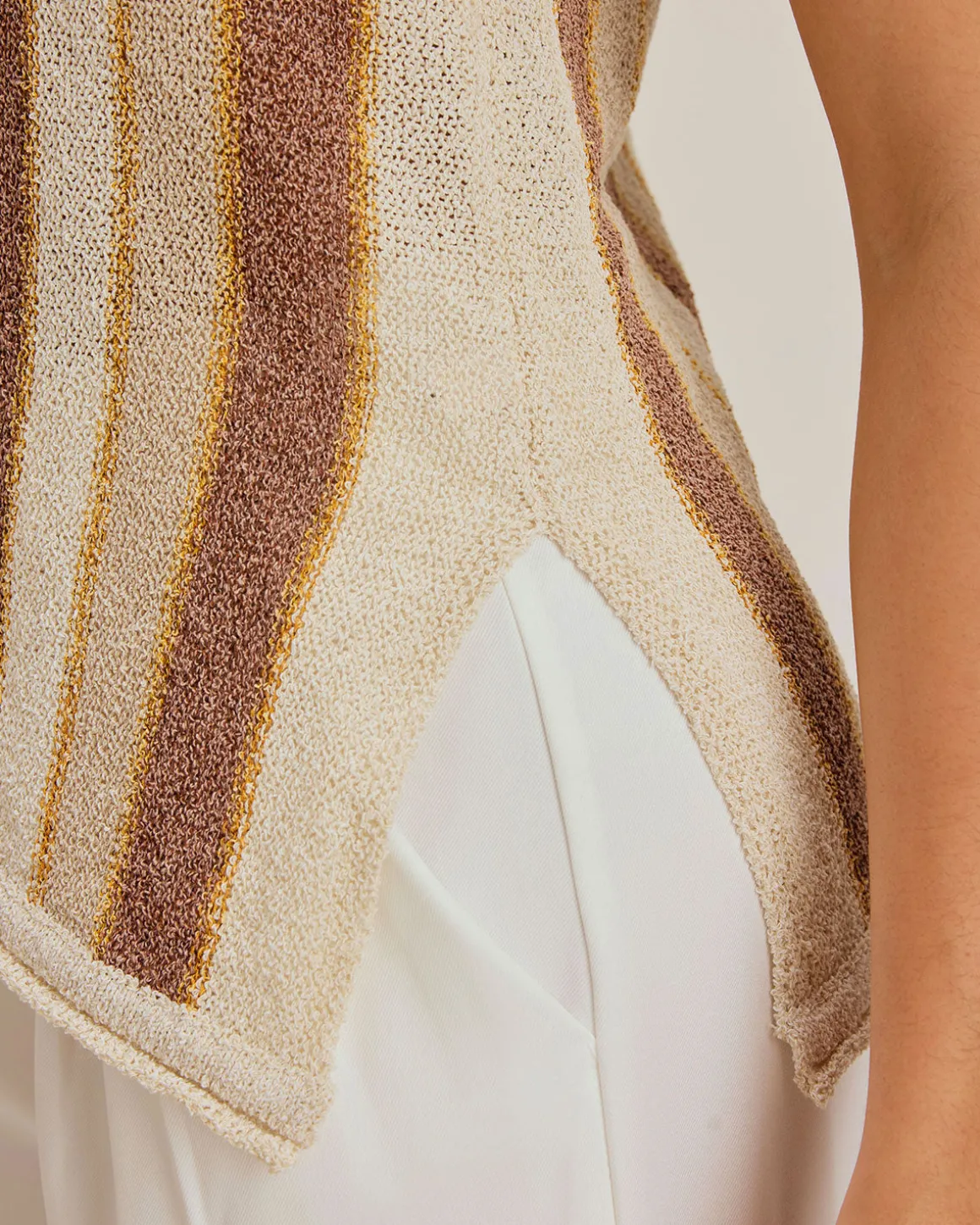 Khaki Striped V Neck Tank Top