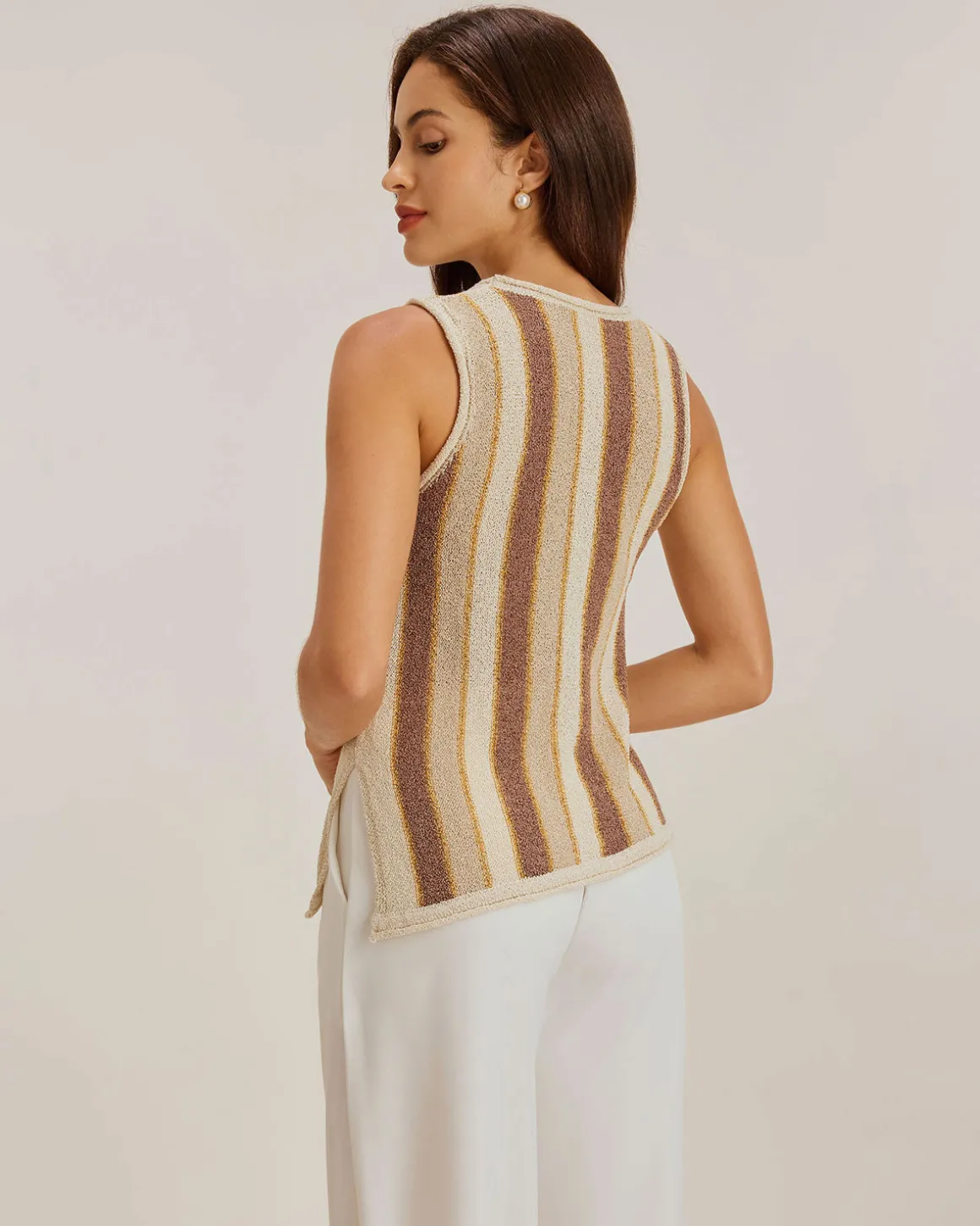 Khaki Striped V Neck Tank Top