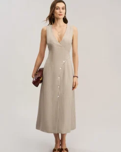 Khaki Striped V-Neck Sleeveless Maxi Dress