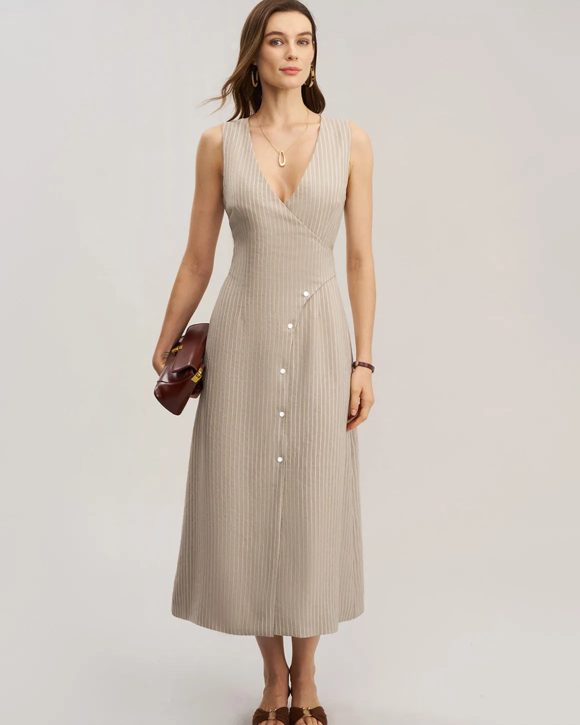 Khaki Striped V-Neck Sleeveless Maxi Dress