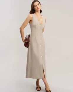 Khaki Striped V-Neck Sleeveless Maxi Dress