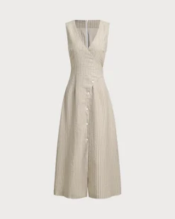 Khaki Striped V-Neck Sleeveless Maxi Dress
